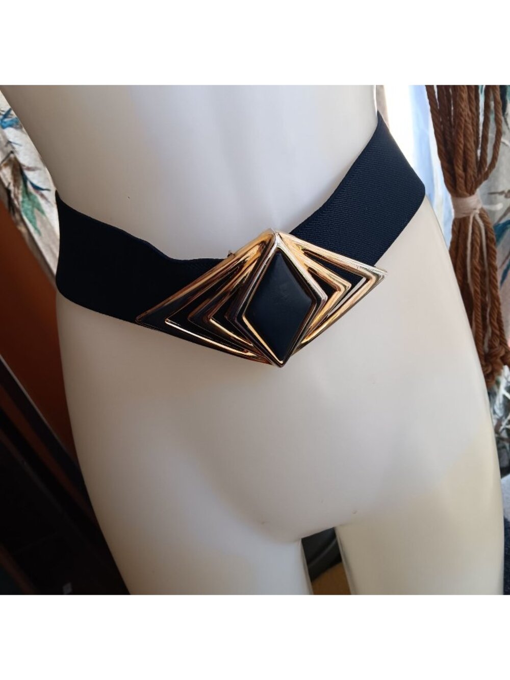 Vintage Nan Lewis 1980's Hip Belt Black Elastic Gold Geometric Buckle 27 Medium